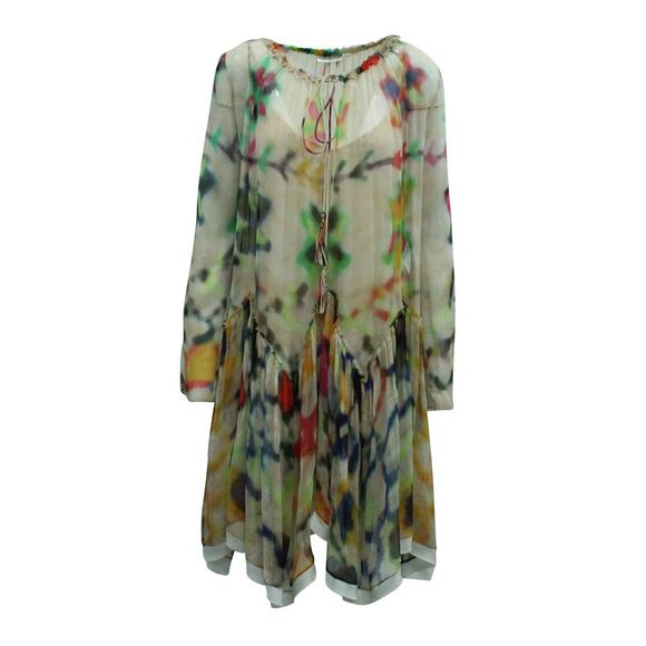 Chloe Tie Dye Print Peasant Dress in Multicolor Silk